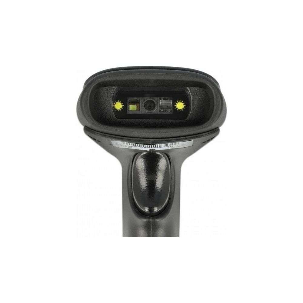 Uno scanner di codici a barre nero con luci gialle e finestra per lenti.