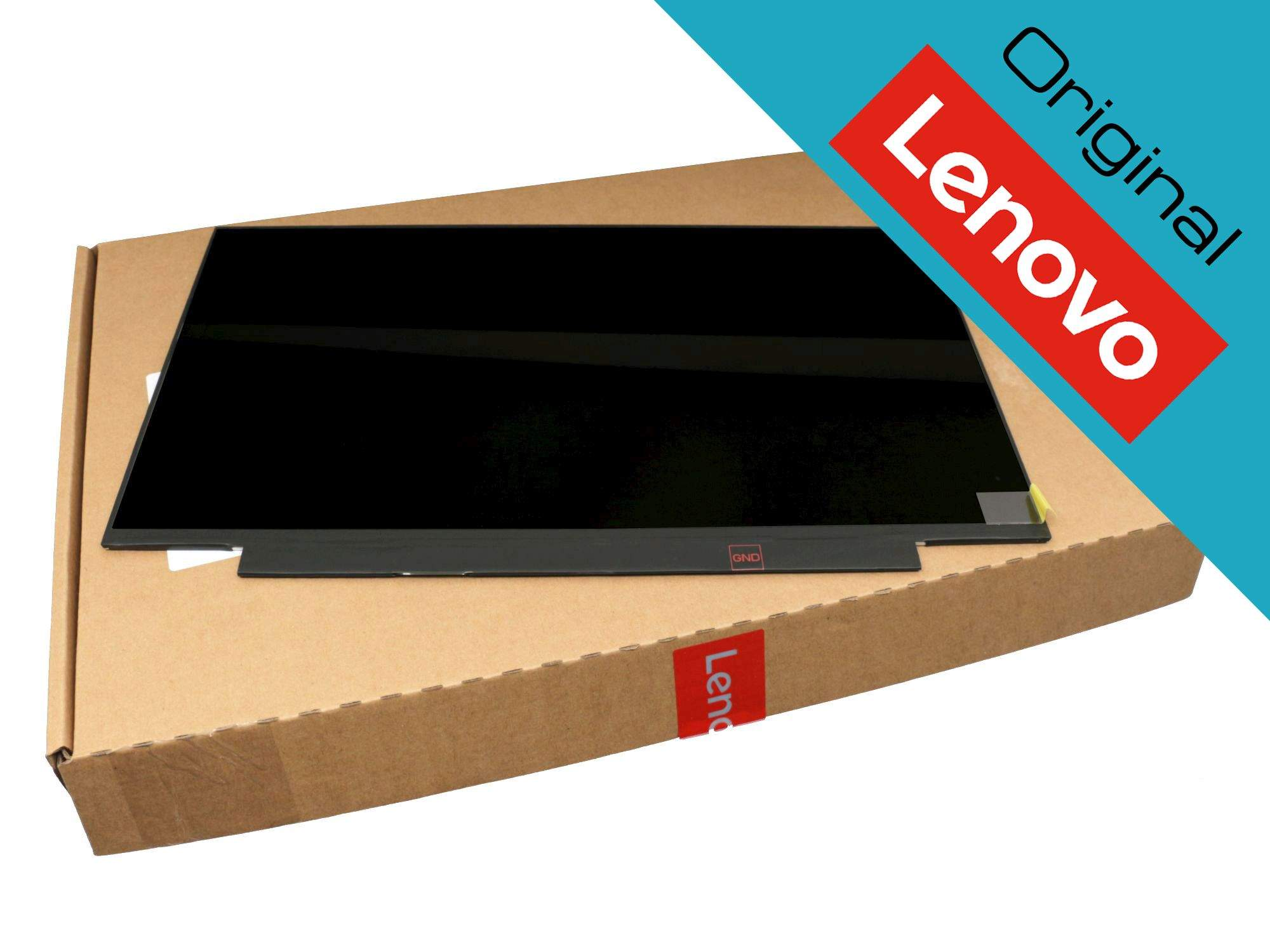 Nuovo display per laptop Lenovo in confezione marrone con elementi di design rossi e blu.