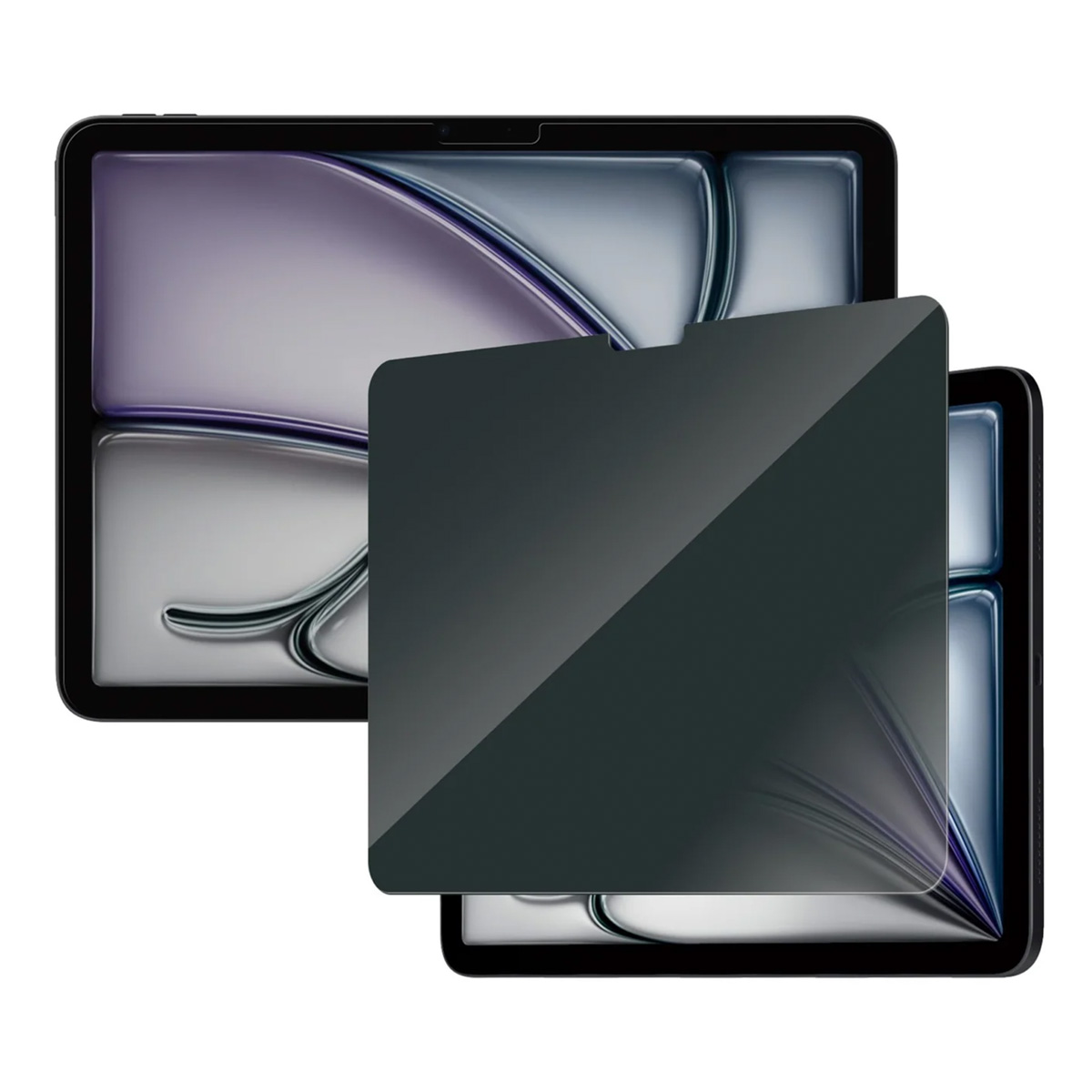 Una protezione per schermo privacy scura giace su due tablet.