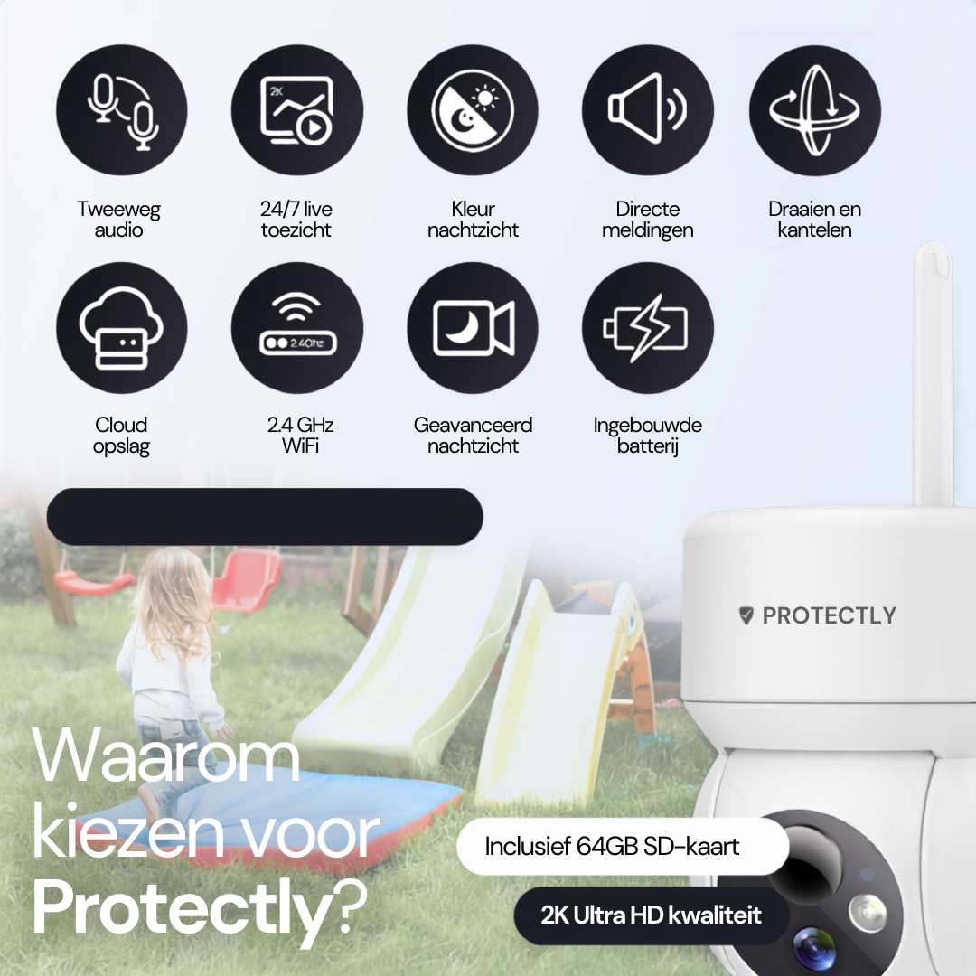 A white security camera with icons for audio, night vision & WiFi, next to a child on a playground.