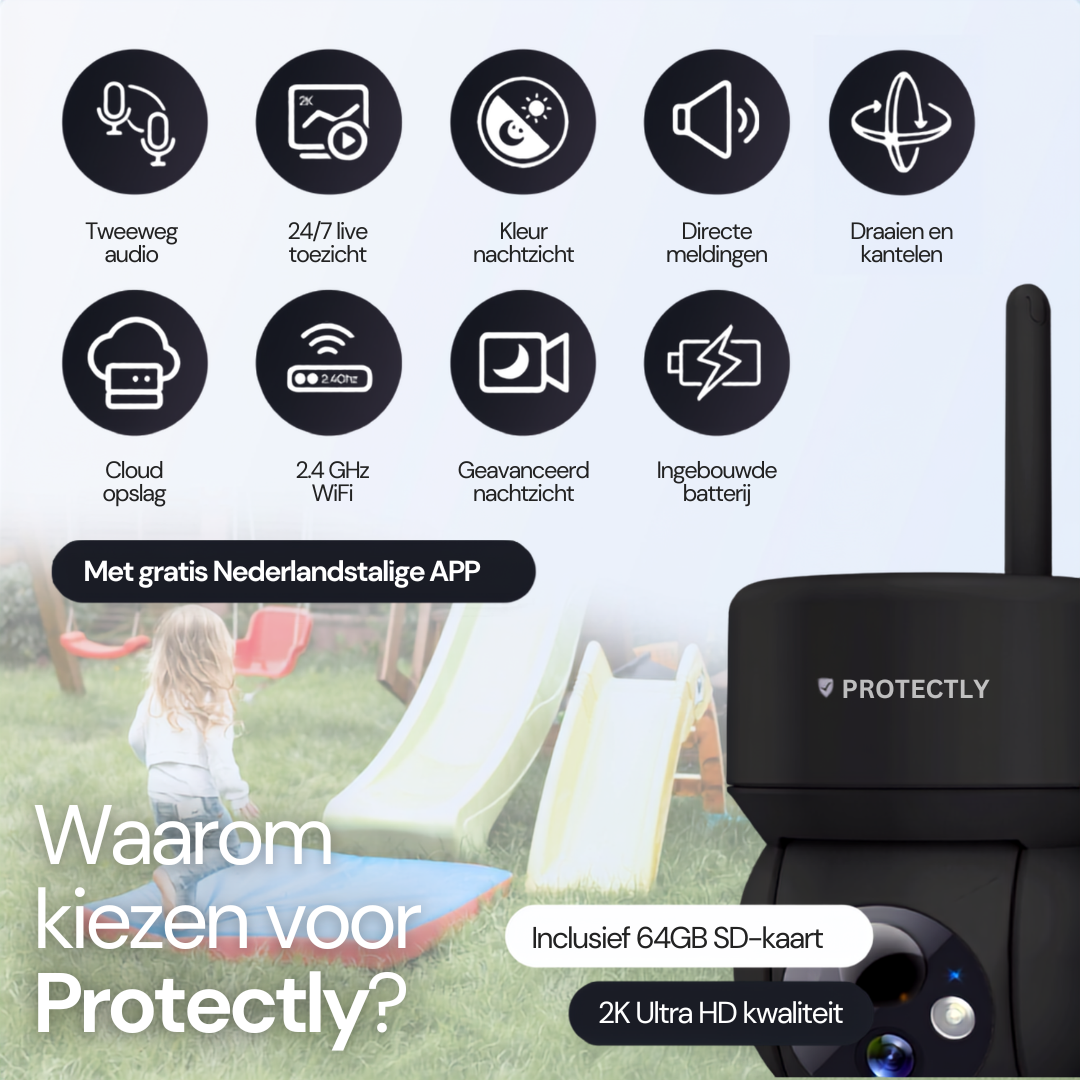 Security camera with icons for audio, 24/7 view, night vision, notifications, pan/tilt.