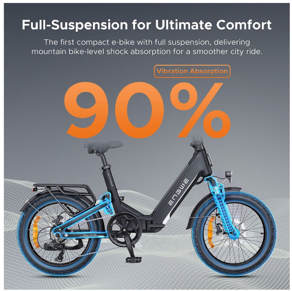 Una e-bicicleta negra con suspensión completa, mostrando 90% para absorción de vibraciones.