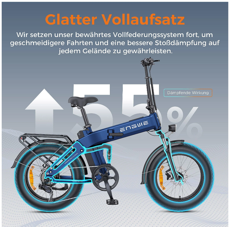 Una bicicleta eléctrica azul de suspensión total, anunciada para paseos suaves.