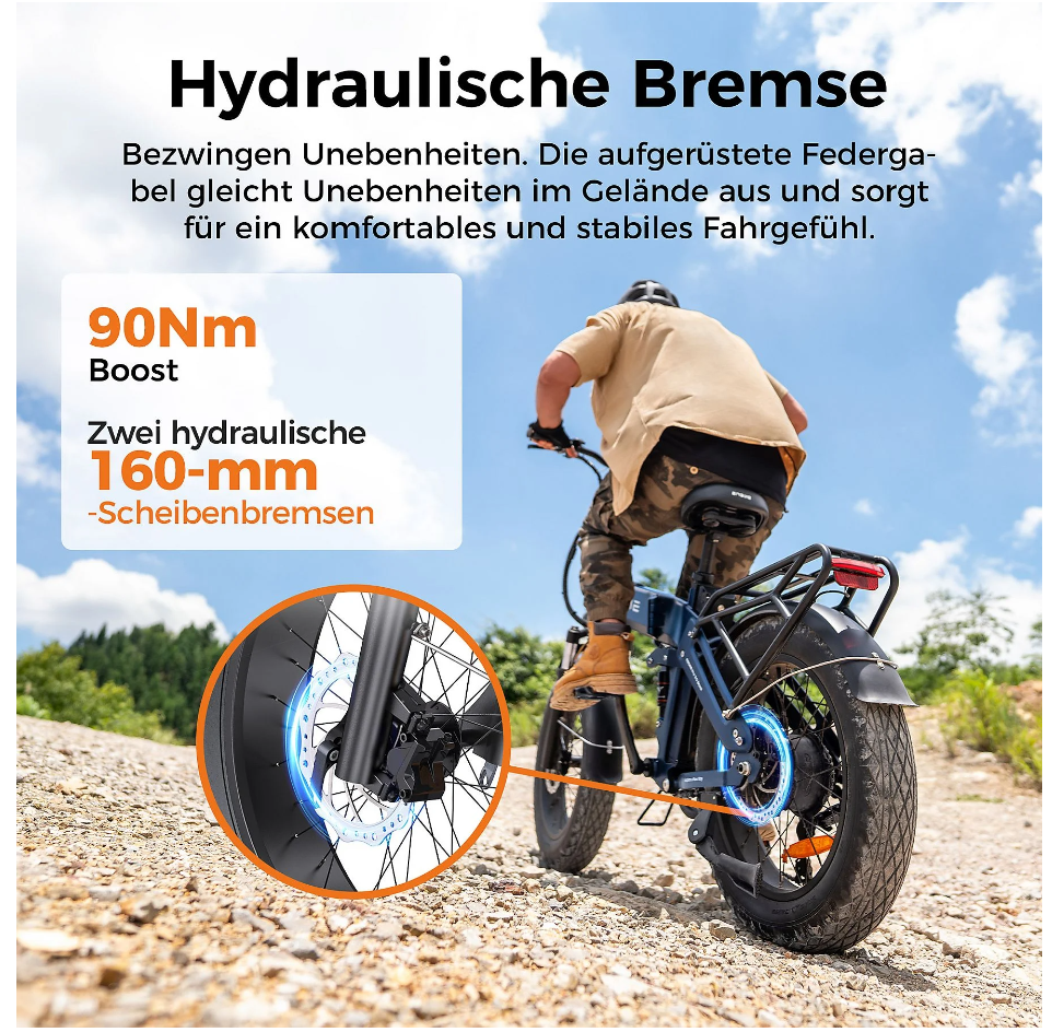 Hombre monta e-bike con frenos de disco hidráulicos y boost de 90Nm.