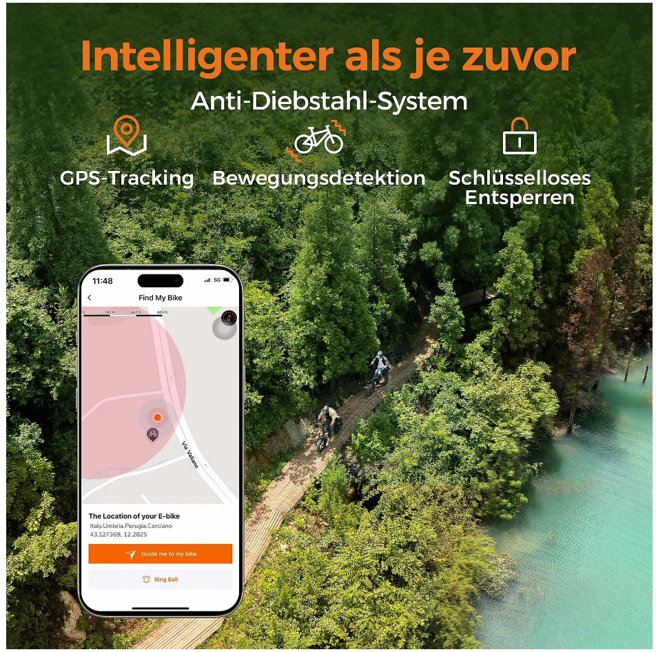 El smartphone muestra la ubicación de la e-bike con GPS, detección de movimiento y desbloqueo sin llave.