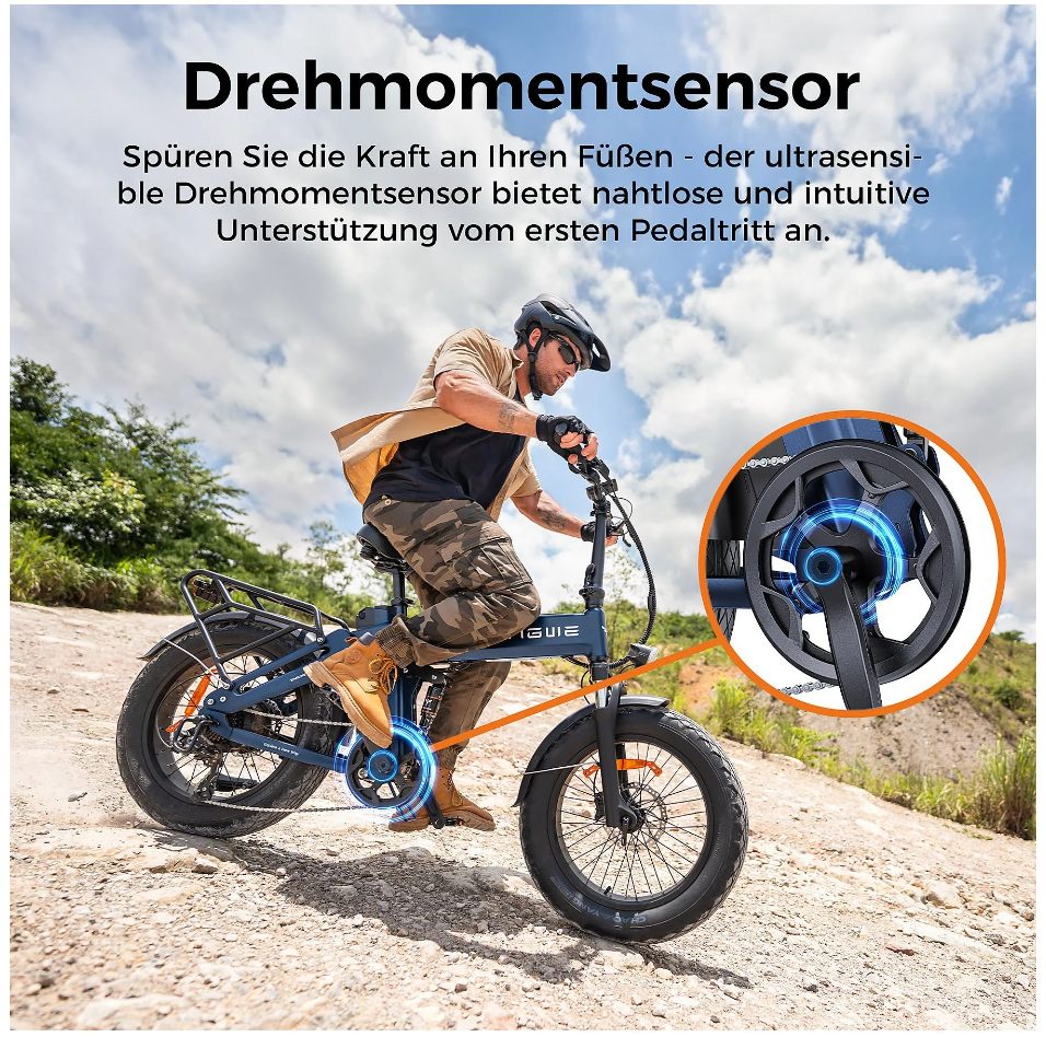 Hombre monta una e-bike azul por camino de tierra; primer plano del sensor de par.