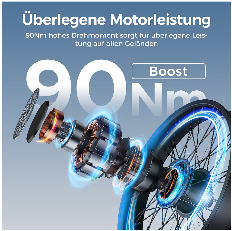 Vista explosionada de un motor de bicicleta eléctrica que muestra 90 Nm de par y modo Boost.
