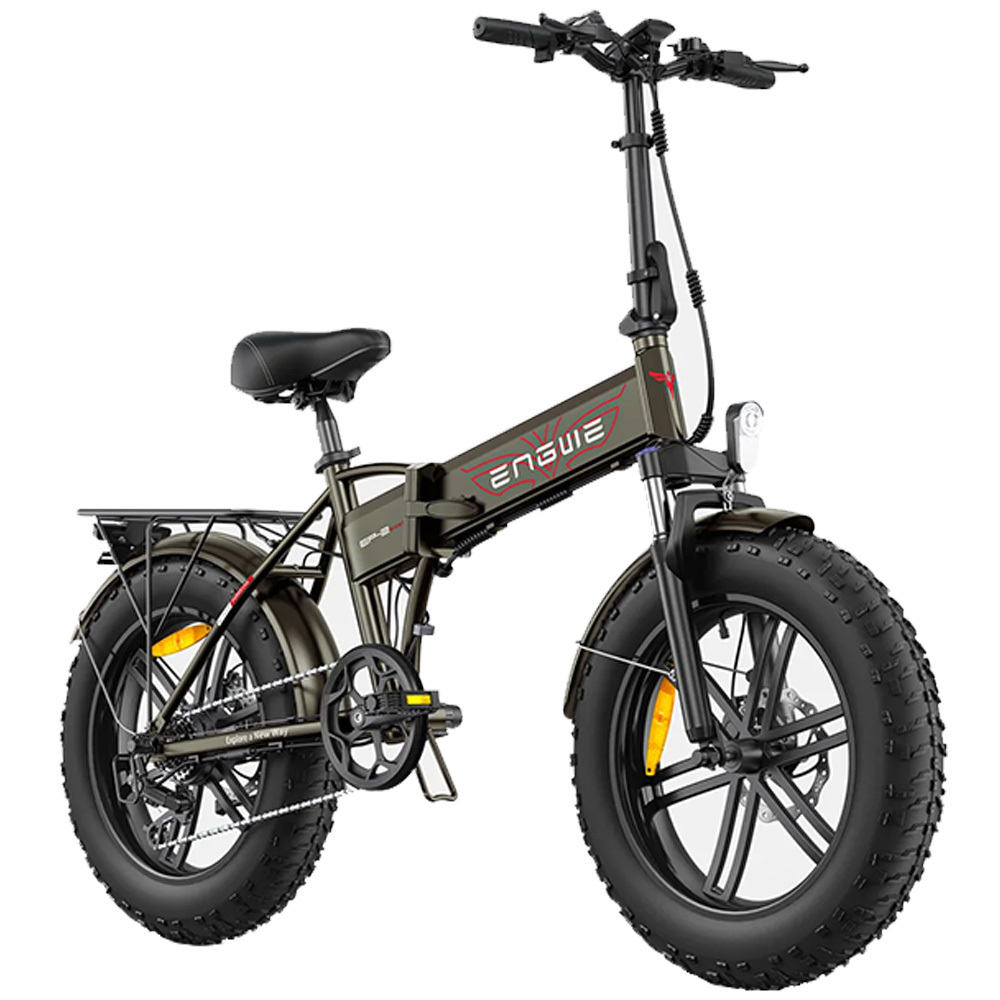 Una e-bike plegable verde oscuro con ruedas anchas y portaequipajes trasero.