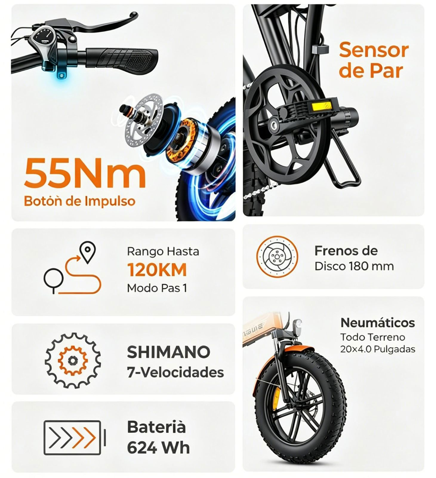 Especificaciones e-bike: 55Nm torque, 120km alcance, Shimano 7 velocidades, 624Wh batería.