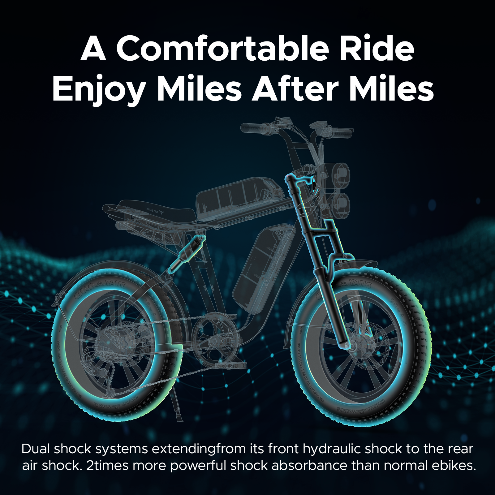 Una bicicleta eléctrica de alambre con neumáticos anchos y doble suspensión.