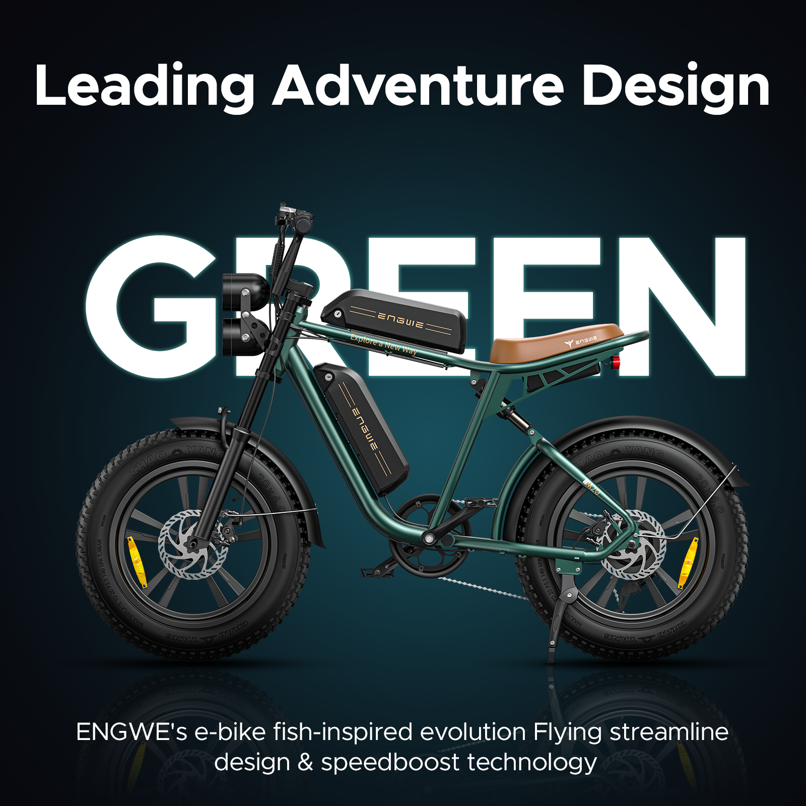 Una e-bike ENGWE verde con asiento marrón, doble faro y neumáticos anchos.