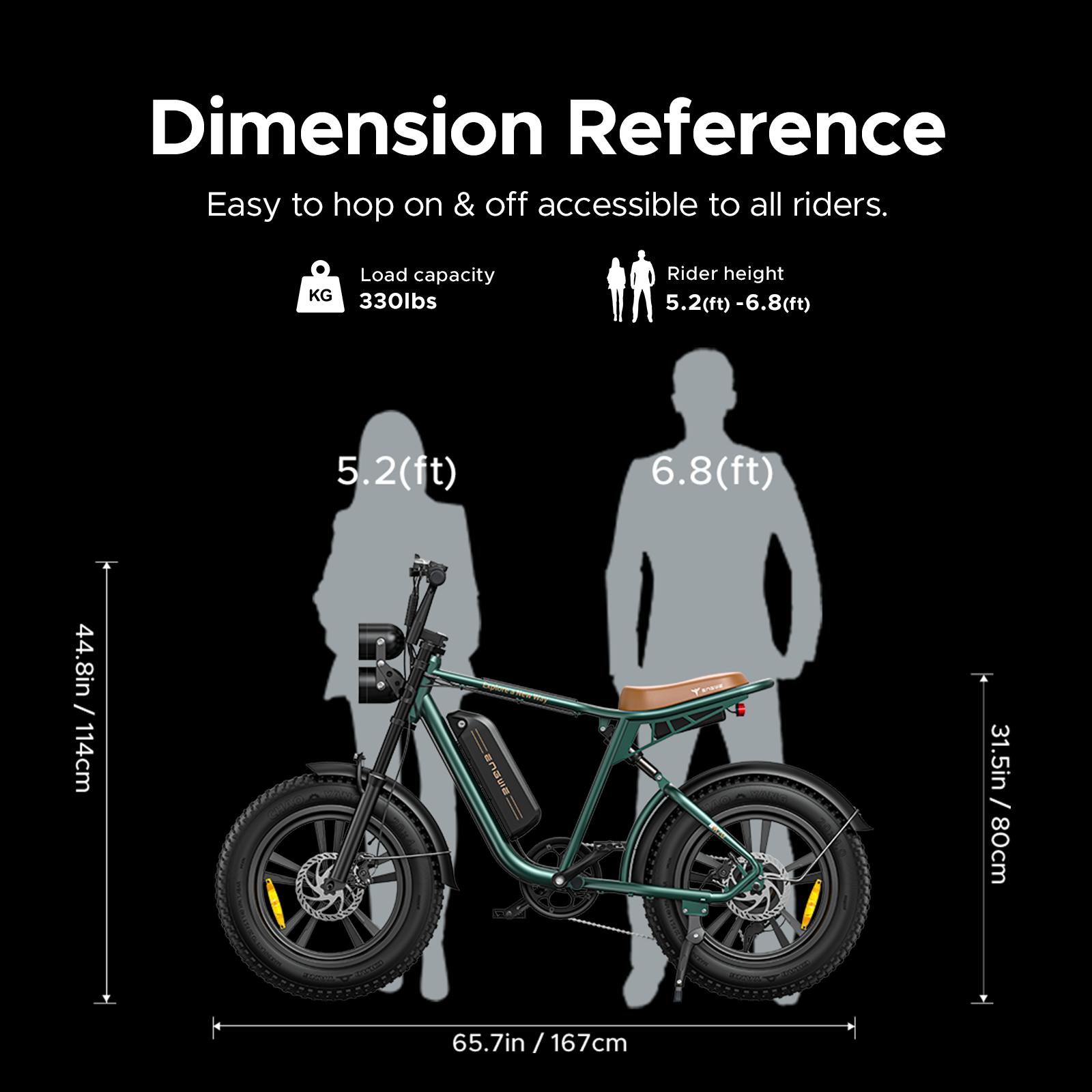 Bicicleta eléctrica verde con dimensiones y alturas de jinete. Capacidad 330lbs.