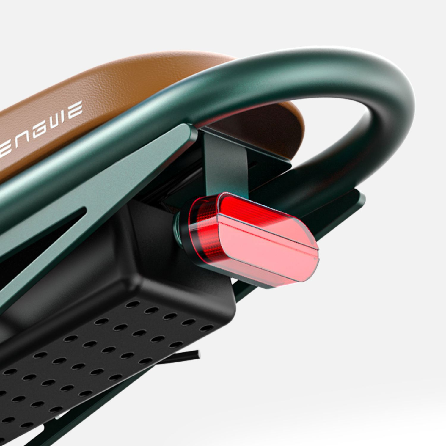 Vista trasera de un asiento de bicicleta de cuero marrón con luz trasera roja.