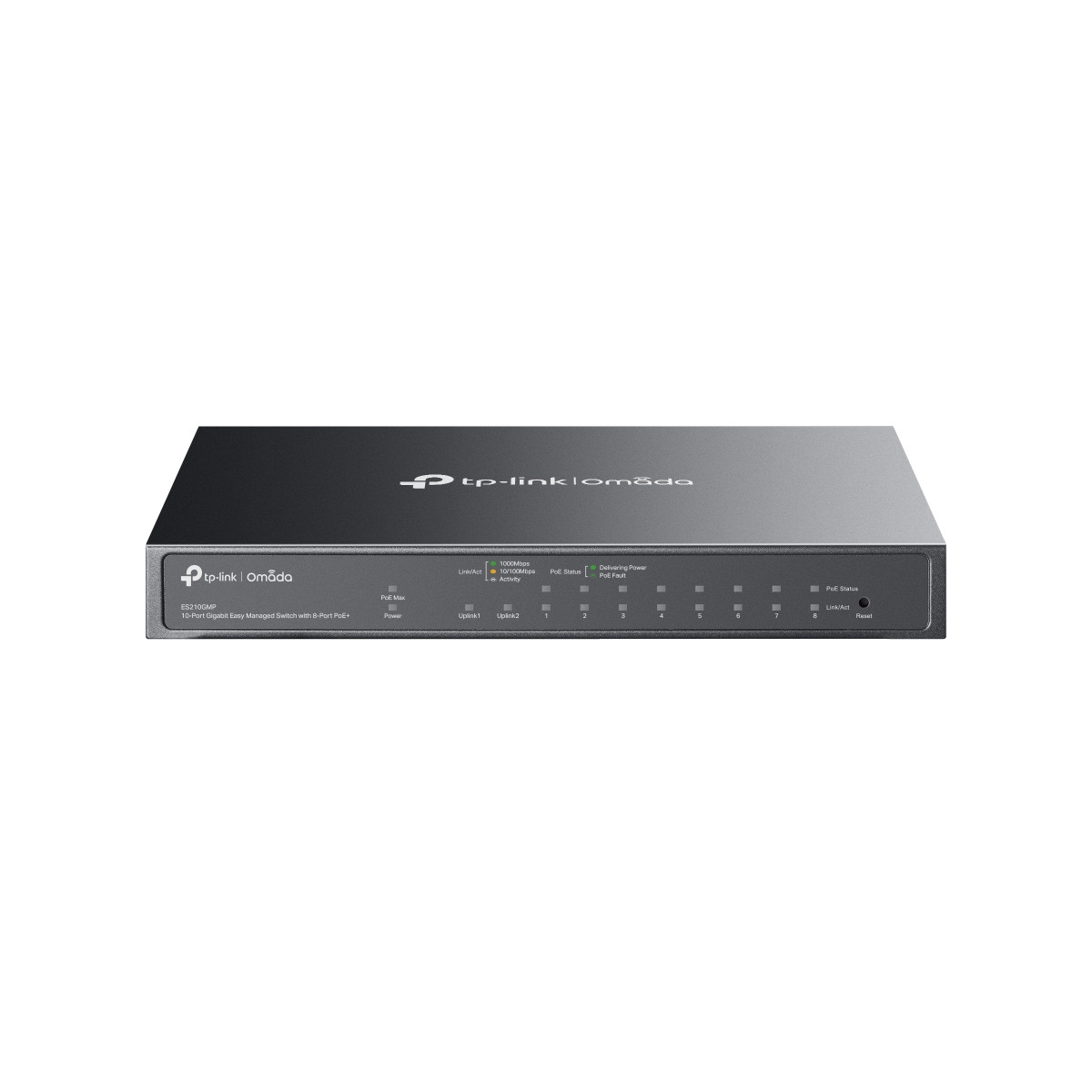 Uno switch TP-Link Omada grigio con 8 porte PoE+ e LED di stato.