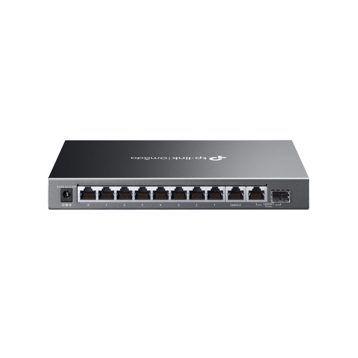 Uno switch TP-Link Omada grigio con 8 porte e 2 uplink.