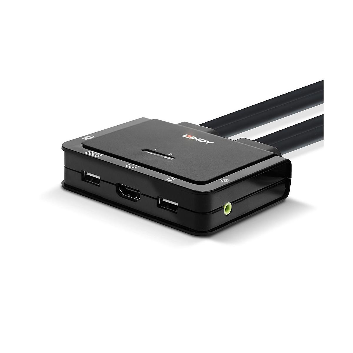 Uno switch KVM LINDY nero con porte USB, HDMI e audio.