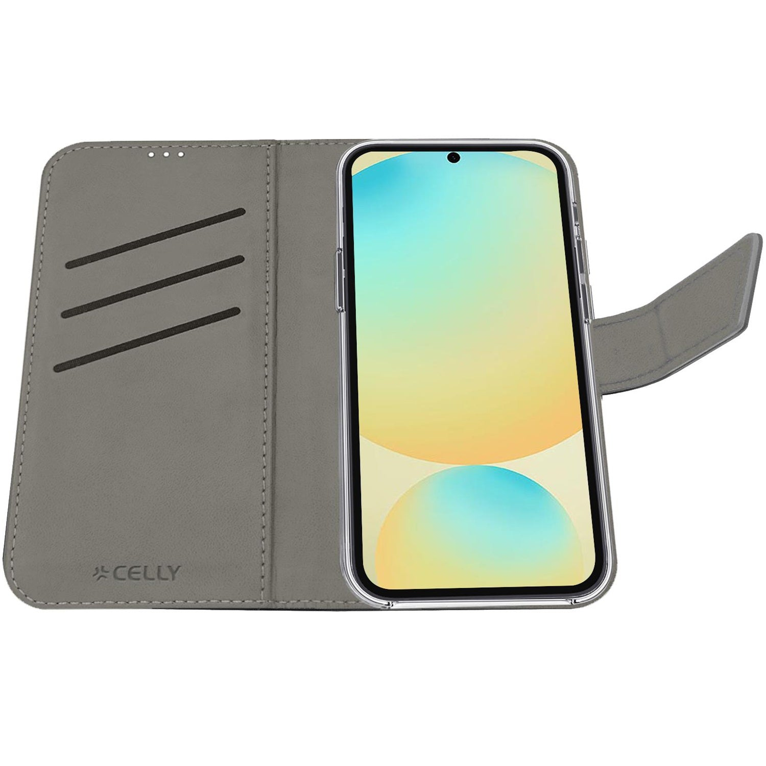 Custodia grigia per telefono con tre scomparti e smartphone con sfondo colorato.