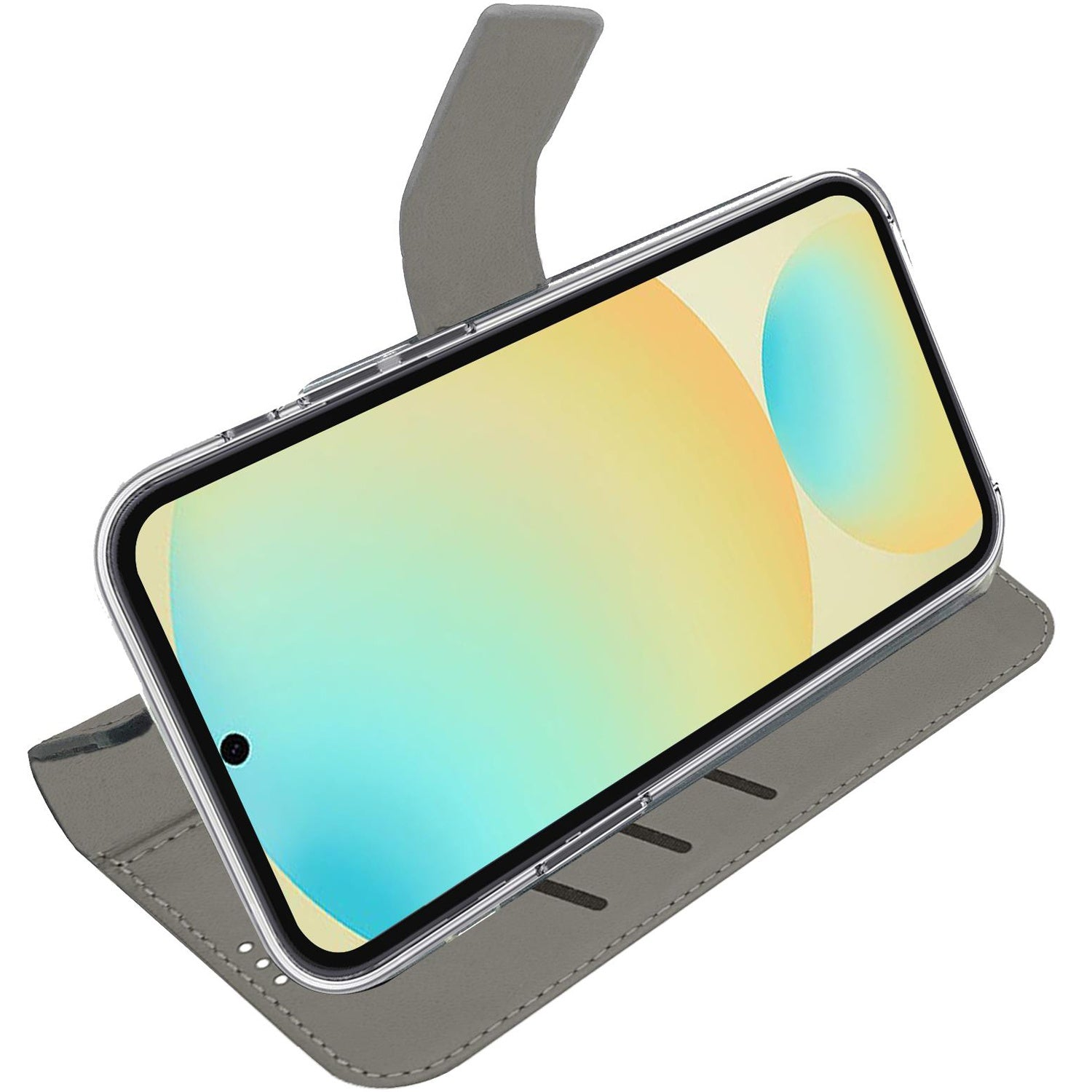 Custodia a libro grigia con cornice trasparente mostra uno smartphone con sfondo colorato.