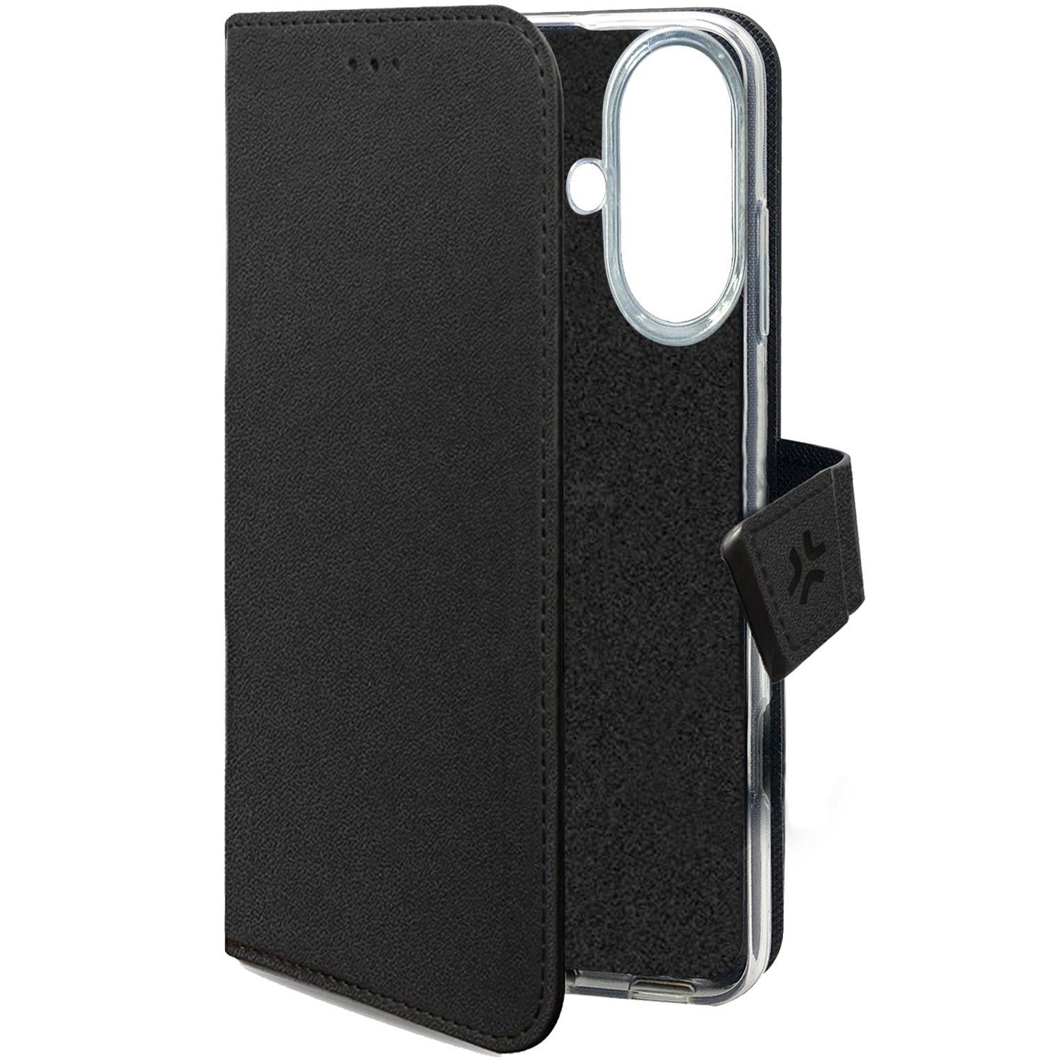 Custodia a libro in pelle nera con cornice interna trasparente e chiusura magnetica.