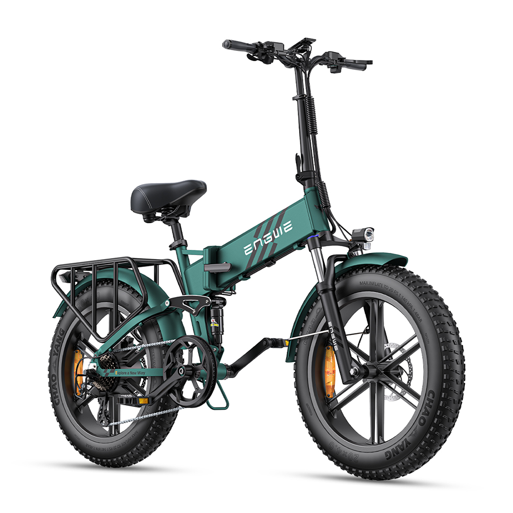 Una bicicleta eléctrica plegable verde con ruedas anchas y portaequipajes.