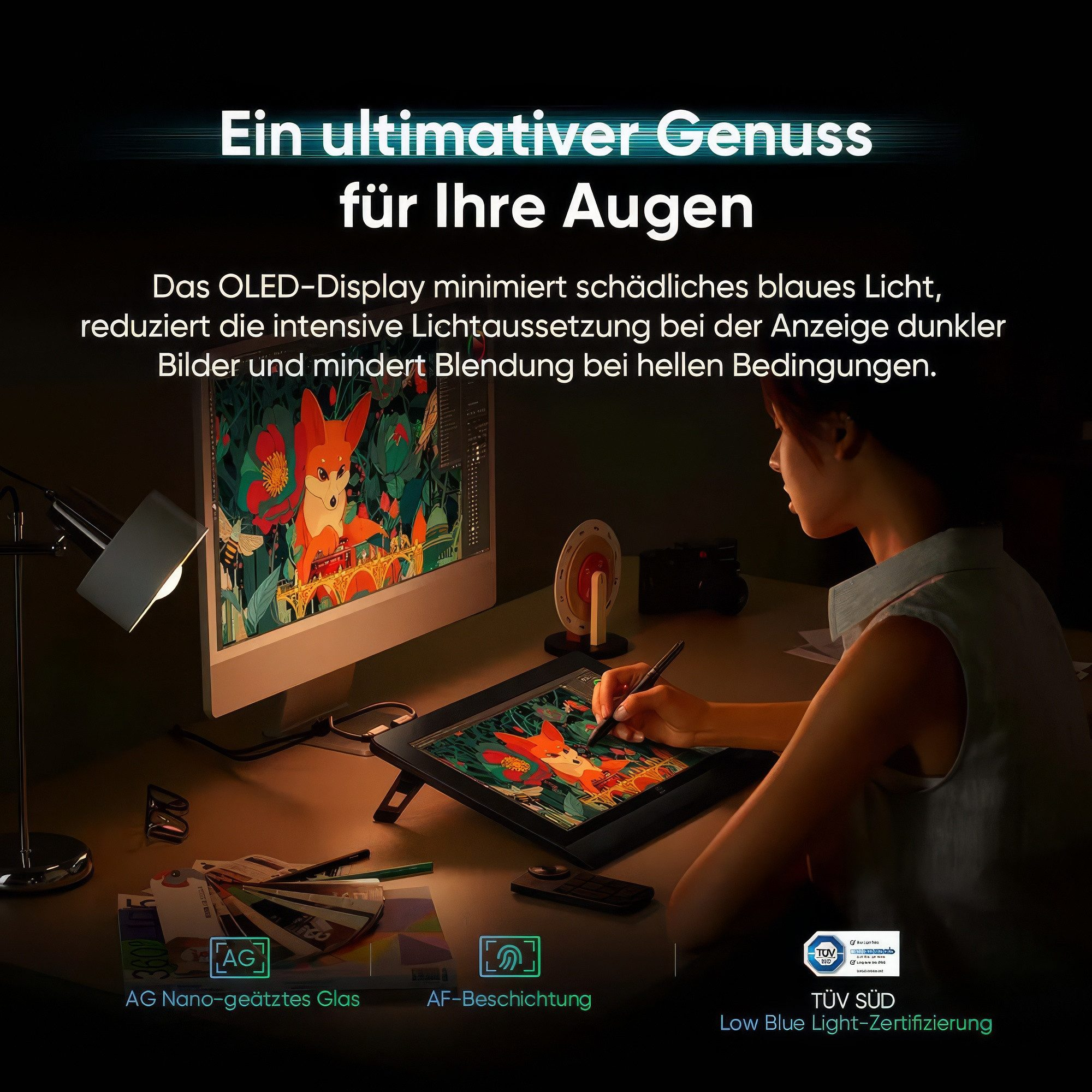 Eine Frau nutzt ein Grafiktablett mit einem OLED-Display, das ein Fuchsmotiv zeigt.