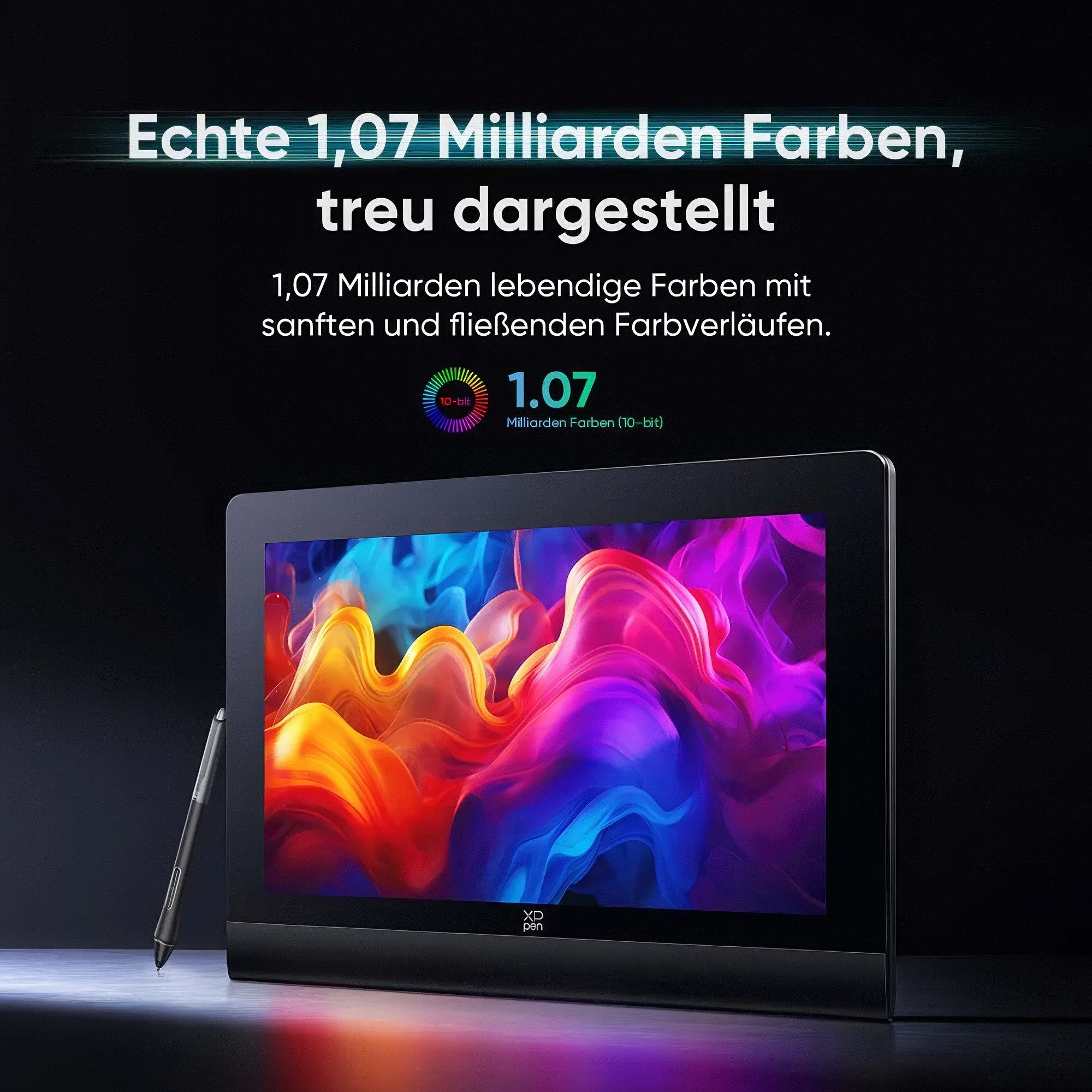 Ein Grafiktablett mit Stift zeigt leuchtende Farben, 1,07 Milliarden Farben.