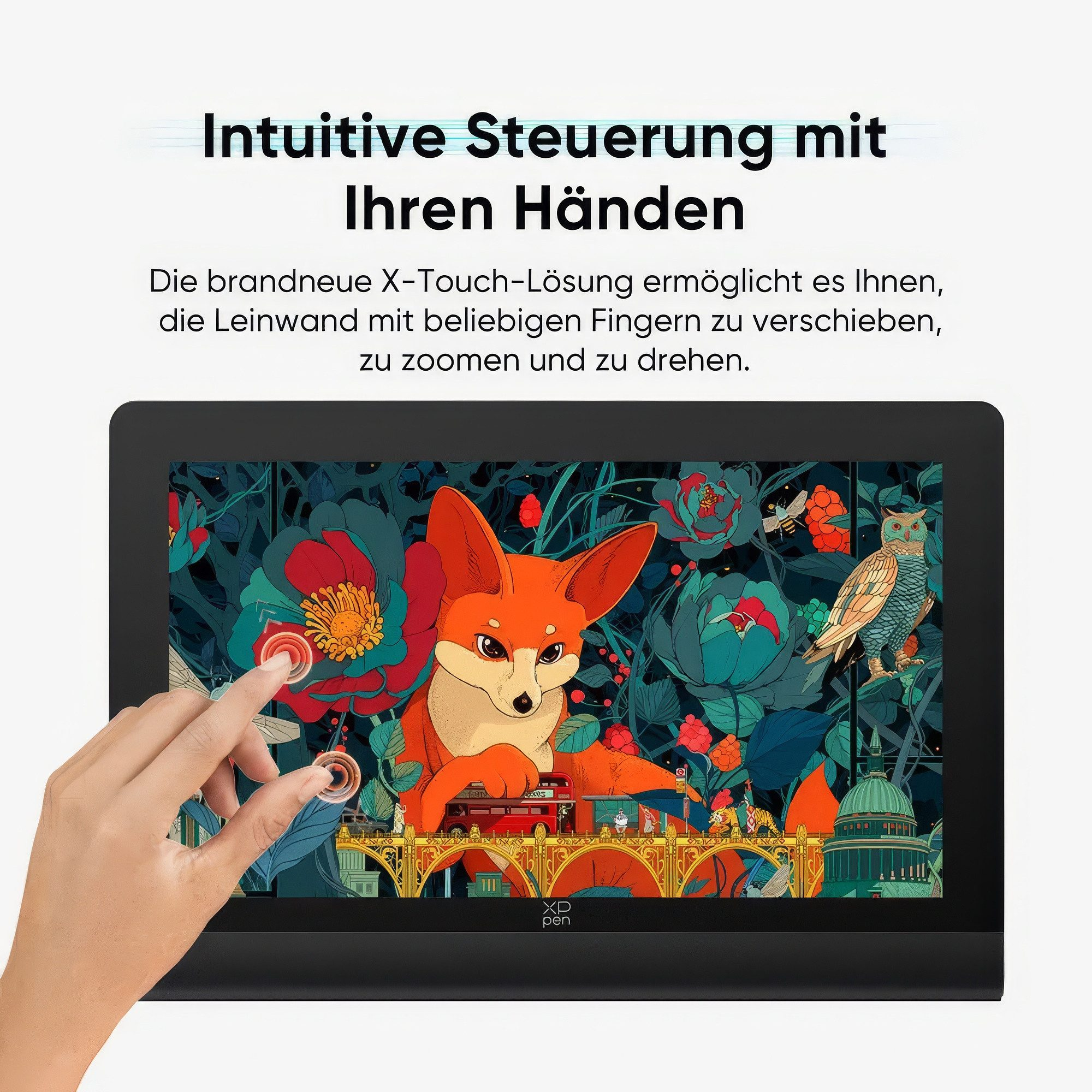 Ein Finger berührt einen Touchscreen mit einer bunten Illustration von London und einem Fuchs.