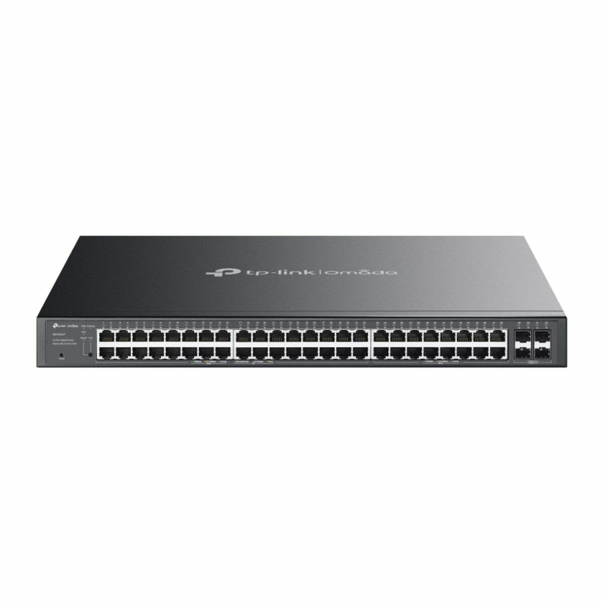 Uno switch di rete sottile e scuro con molte porte e il logo TP-Link Omada.
