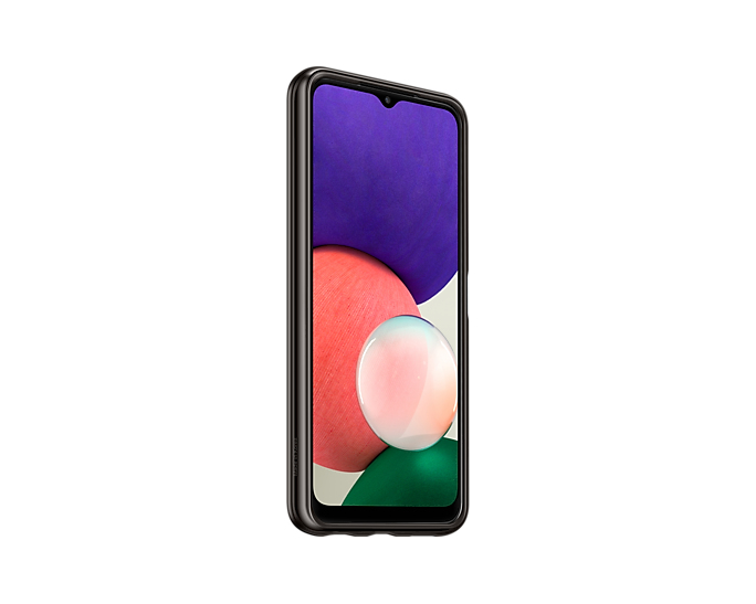 Ein schwarzes Smartphone mit einem tropfenförmigen Ausschnitt und einem bunten Hintergrundbild.