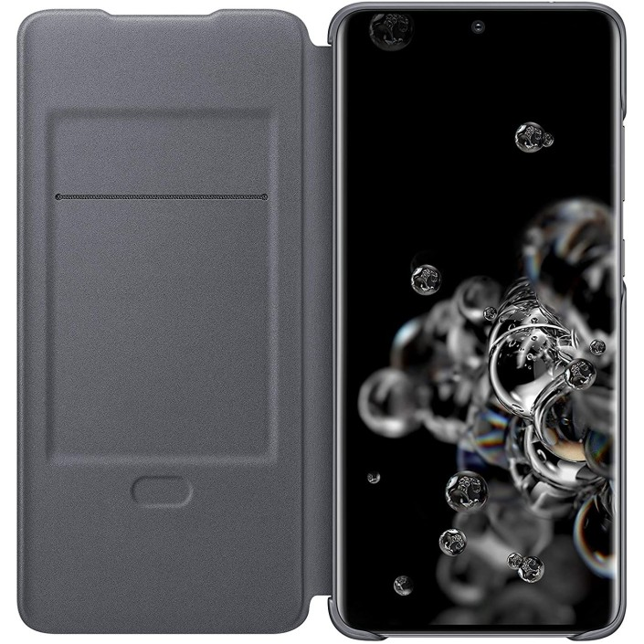 Graue Handyhülle mit aufgeschlagener Vorderseite, die ein Smartphone mit Blasen-Hintergrund zeigt.
