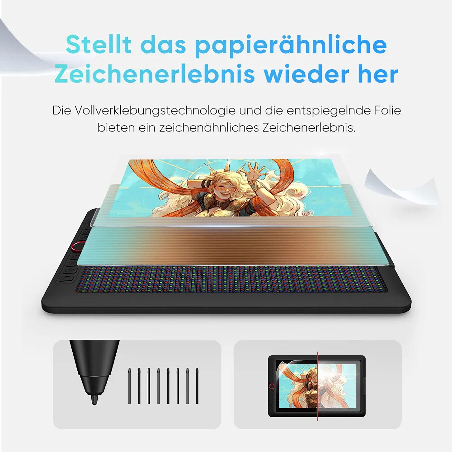 Tablet graficzny z grafiką i końcówkami pióra. Pokazuje uczucie papieru.