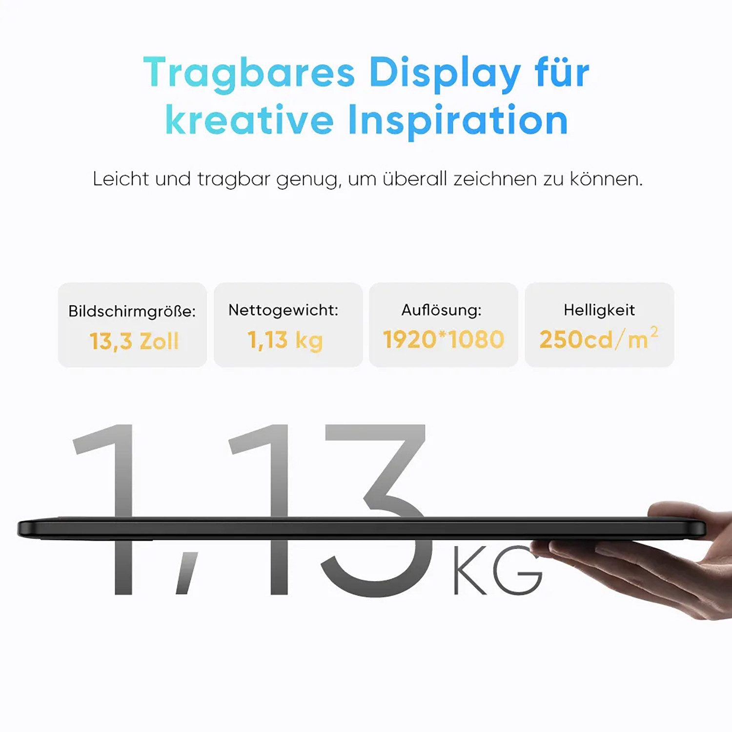 Cienki, przenośny wyświetlacz 13,3 cala, ważący 1,13 kg.