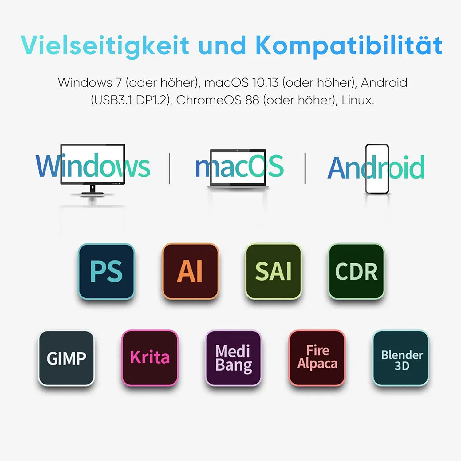 Loga programów i systemów operacyjnych, takich jak Windows, macOS, Android.