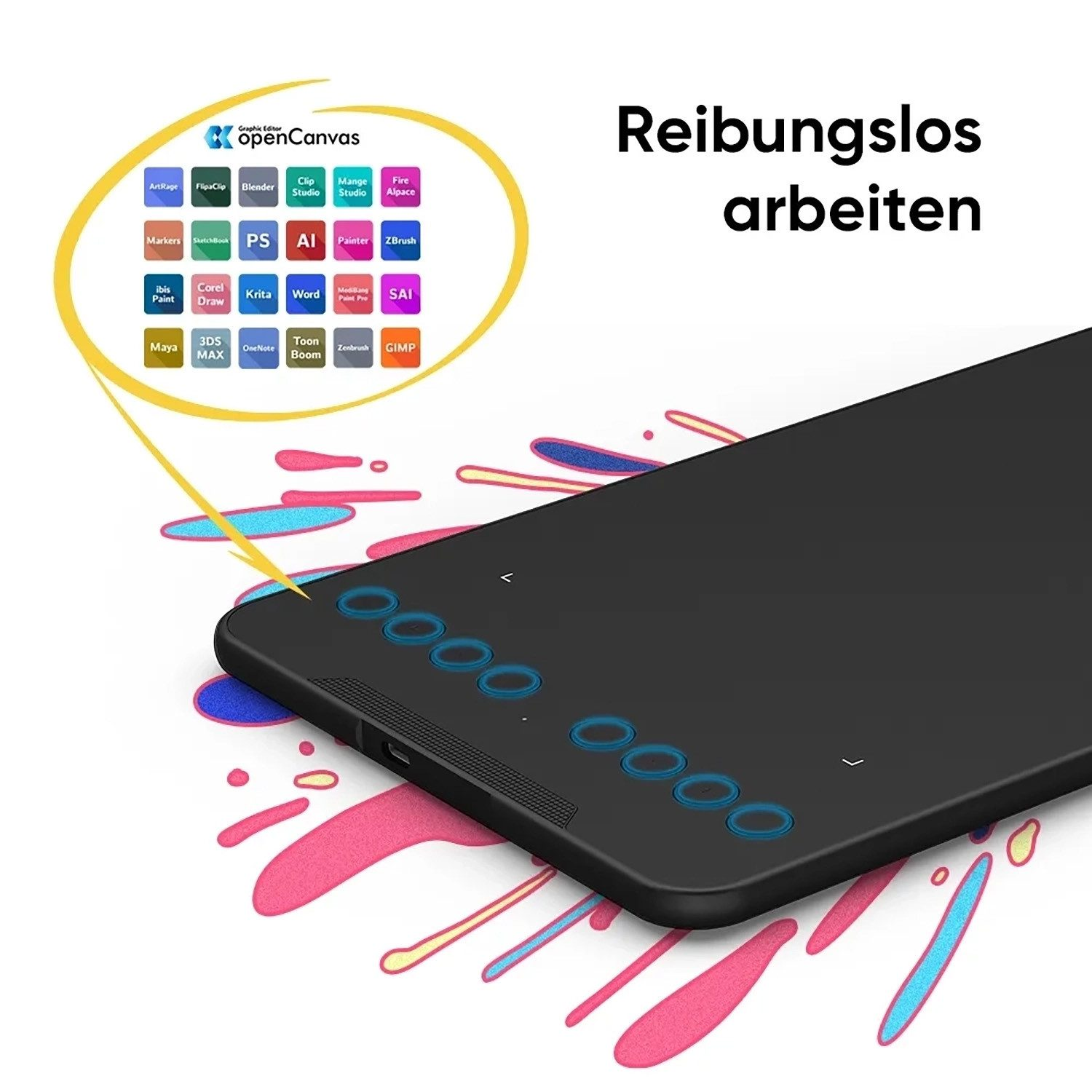 Cyfrowy tablet graficzny z logo oprogramowania i przyciskami. Tekst: Pracuj płynnie.