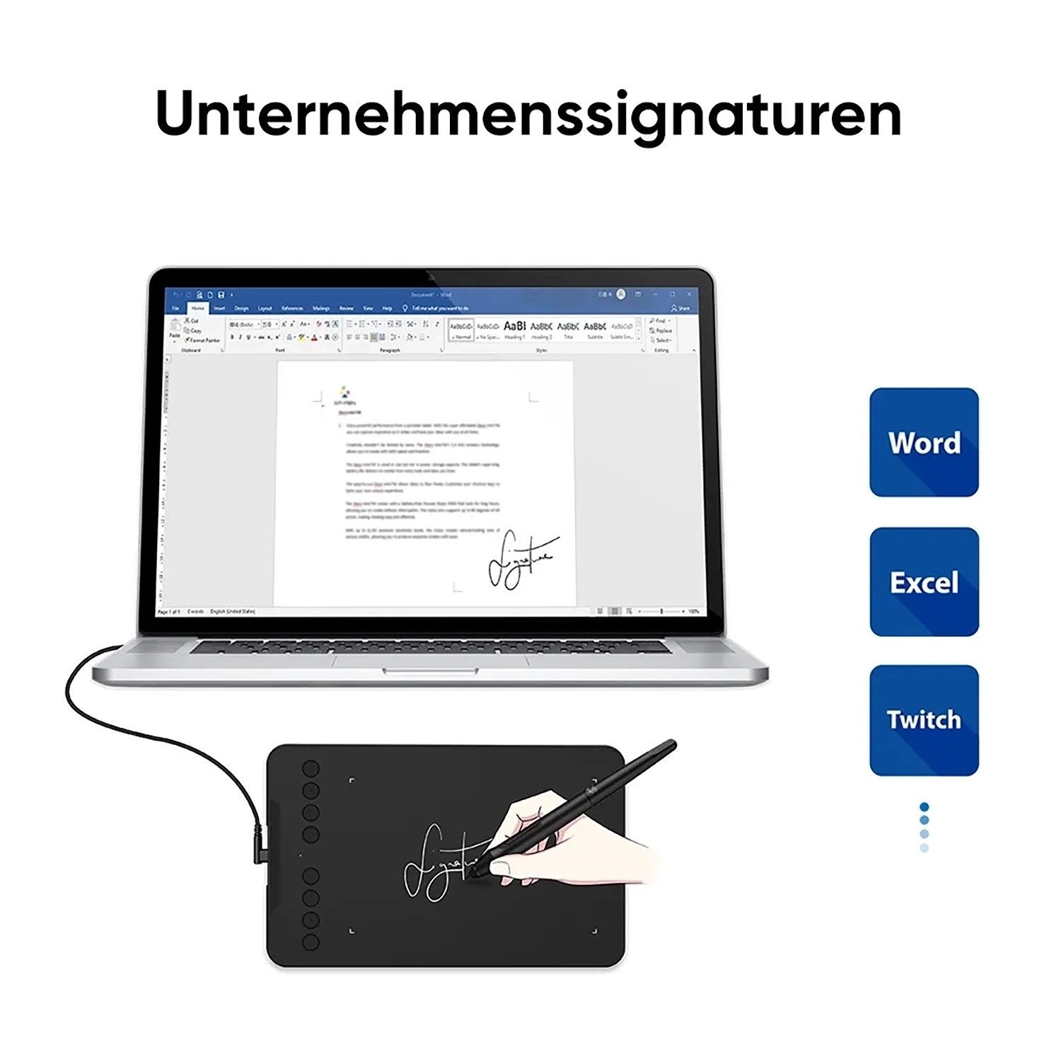 Laptop pokazuje dokument z podpisem, obok tablet graficzny i pióro.