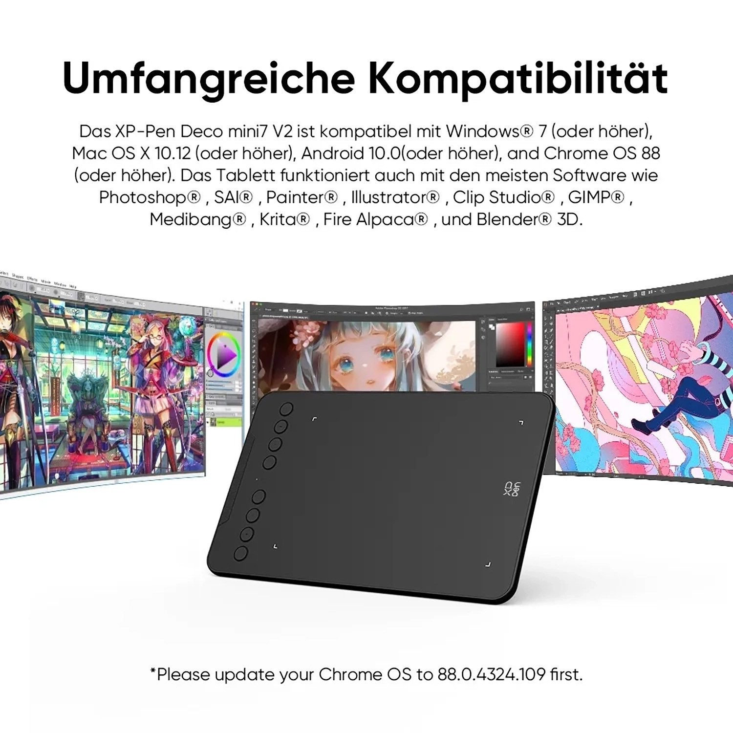 Czarny tablet graficzny przed trzema ekranami wyświetlającymi cyfrową sztukę.