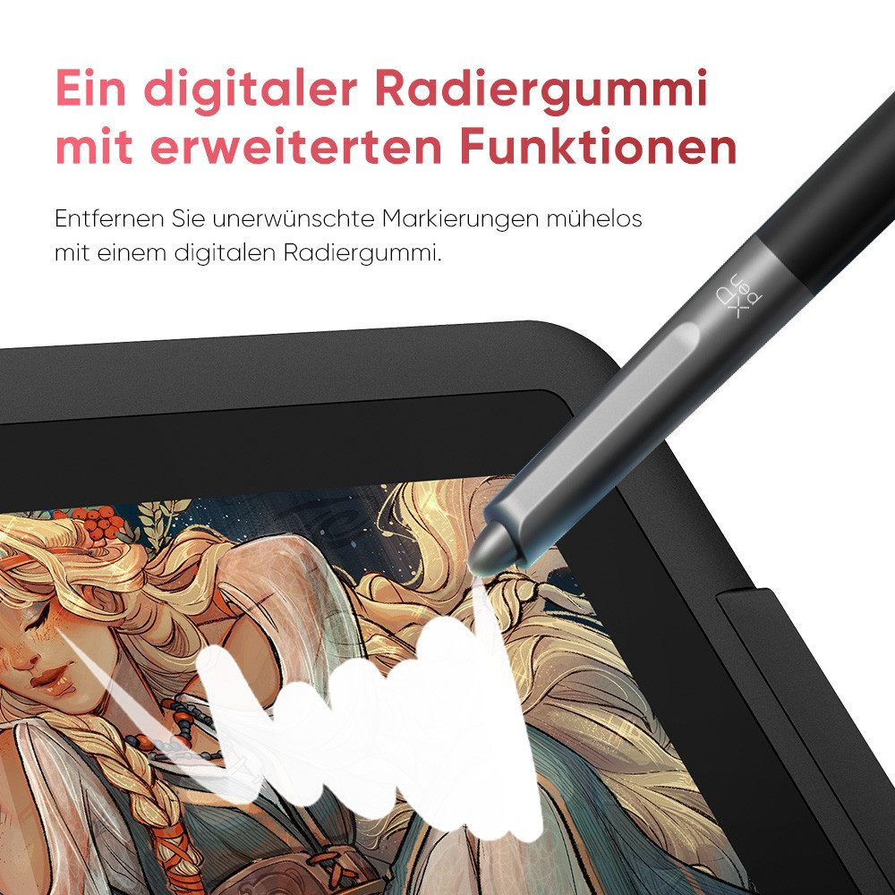 Un lápiz óptico digital en una tableta borrando un dibujo.