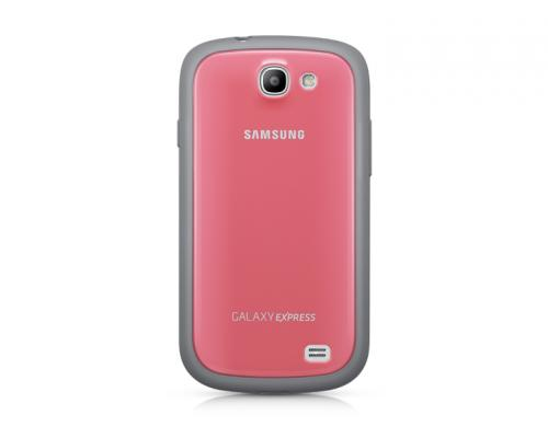 Rückseite eines rosa Samsung Galaxy Express mit grauer Hülle.