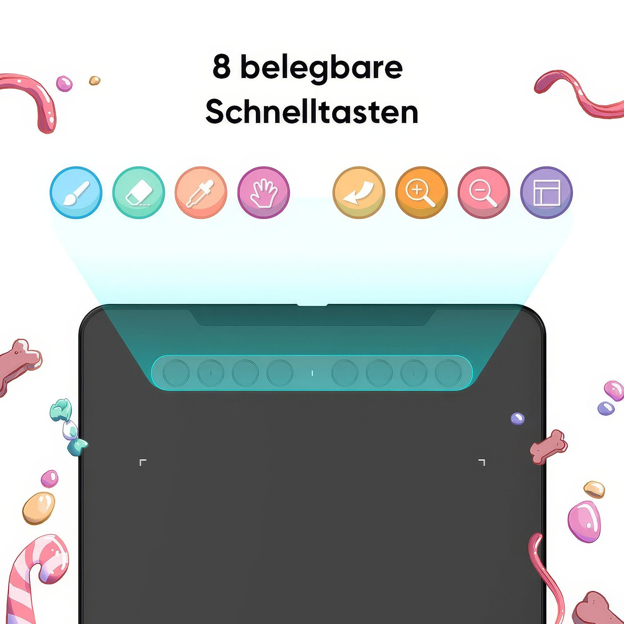Una tableta gráfica digital con ocho íconos y el texto "8 personalizables".