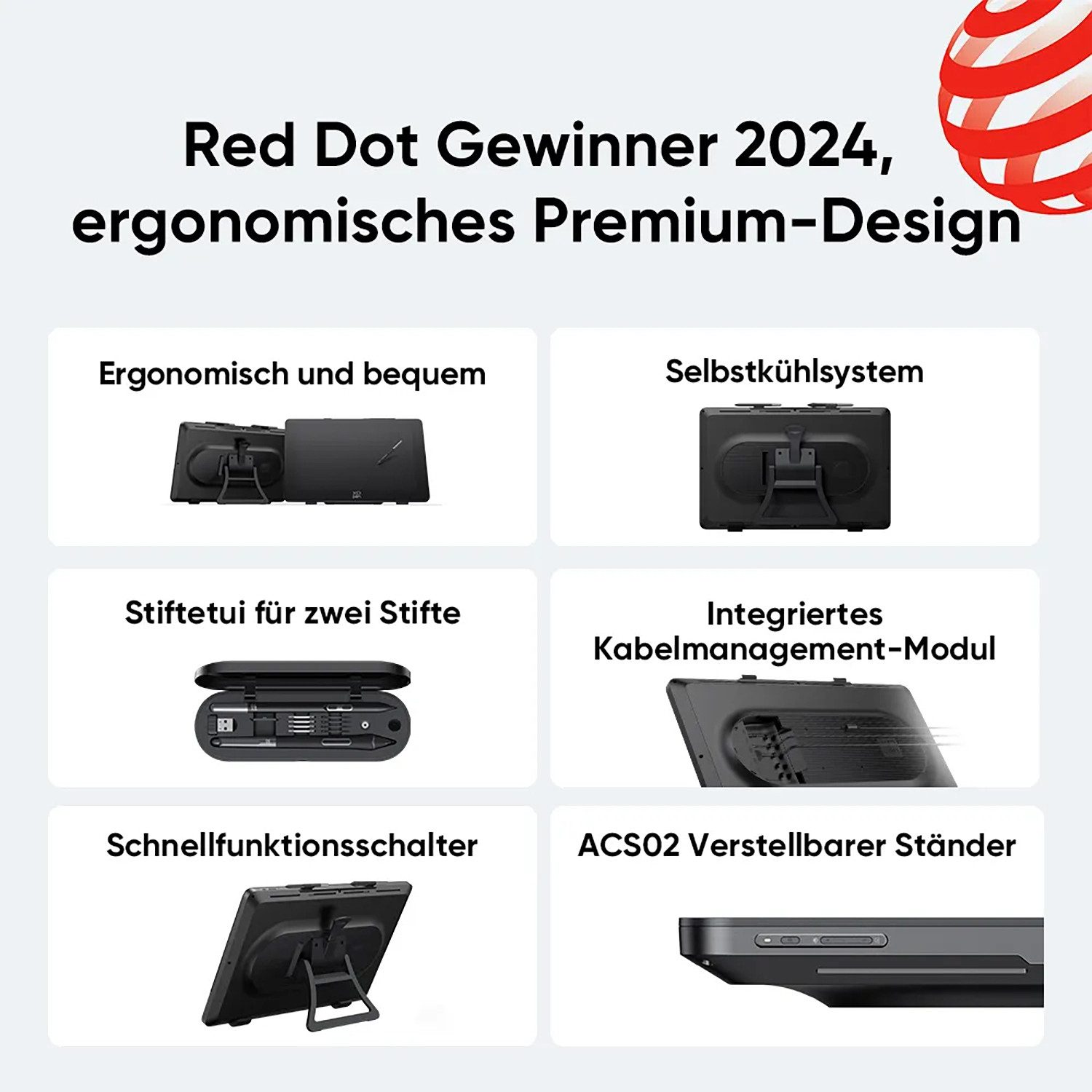 Ganador Red Dot 2024: Diseño ergonómico con refrigeración, estuche, gestión de cables, interruptor y soporte.