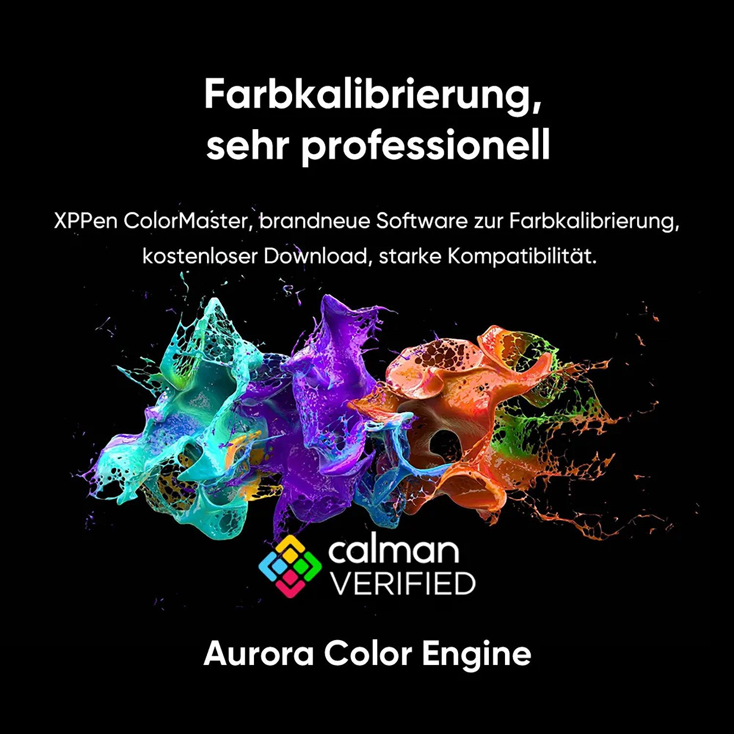 Explosión de color en verde, morado y naranja con texto 'Aurora Color Engine'.
