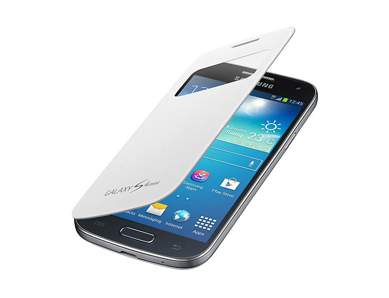 Un Samsung Galaxy S4 Mini bianco con la sua cover bianca aperta.
