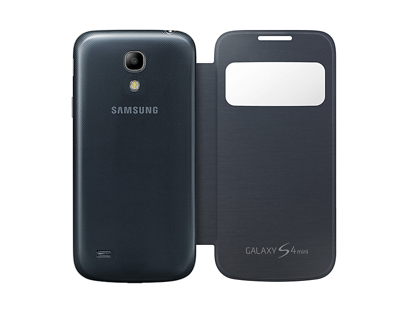 Samsung Galaxy S4 Mini blu scuro con flip cover aperto che mostra una finestra.