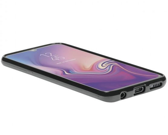 Un teléfono inteligente negro con un fondo de pantalla colorido yace sobre una superficie blanca.