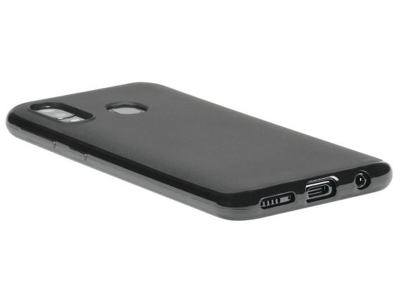 Funda negra para smartphone con recorte de cámara y puertos visibles abajo.