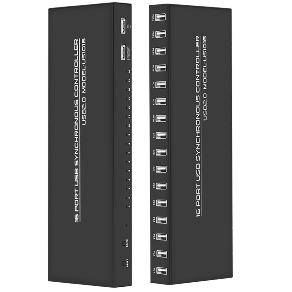 Yan yana gösterilen iki siyah 16 portlu USB 2.0 senkron kontrolcü.