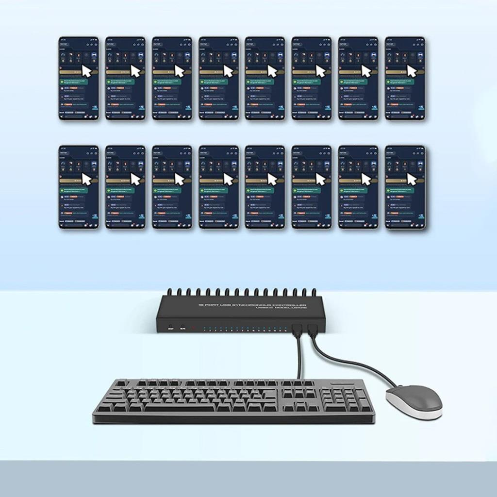 Uygulamaları gösteren on iki telefonun altında klavye ve fare bulunan 10 portlu USB senkronizasyon denetleyicisi.