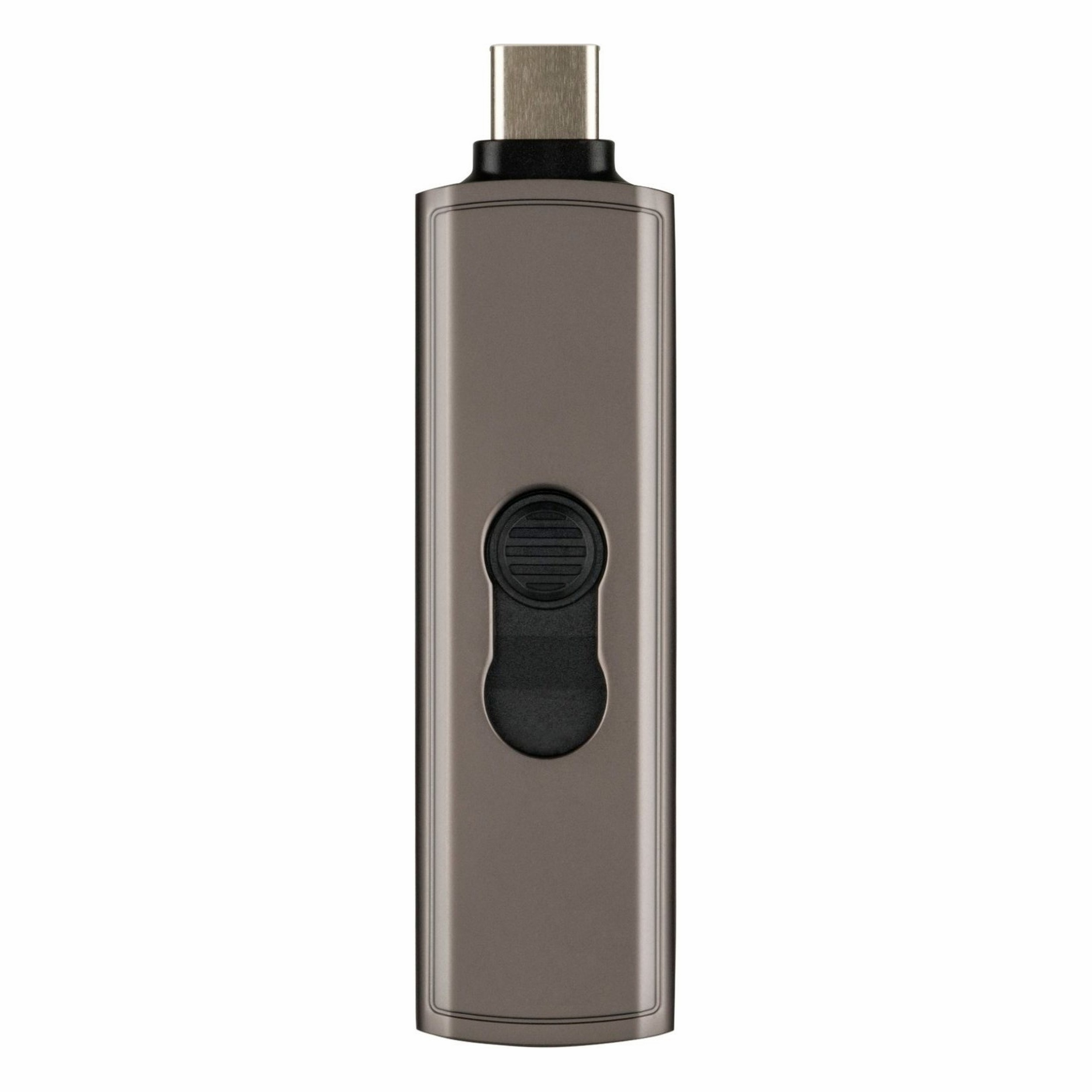 Un'unità USB-C grigia con un pulsante di controllo nero.