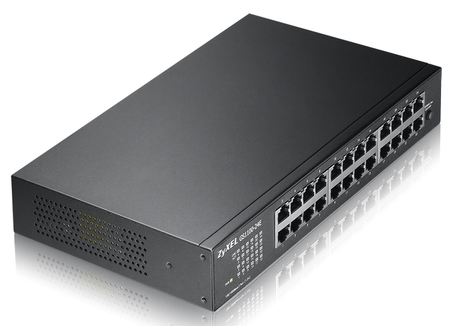 Uno switch di rete nero a 24 porte, modello ZyXEL GS1100-24E, visto da un'angolazione.