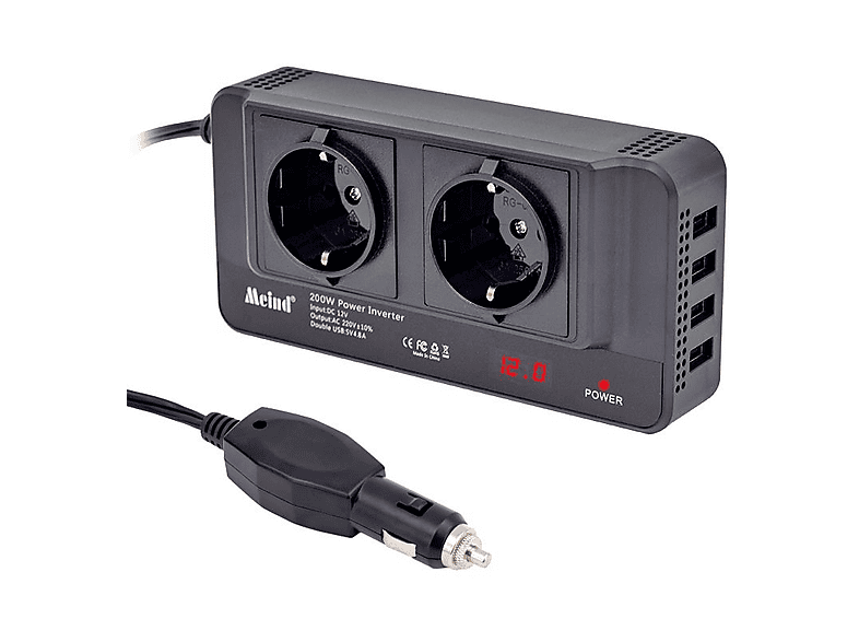 POWERMASTER 200 W DC12V AC220V Çakmak Kablolu x4USB Çıkışlı İnverter